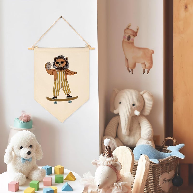 Sioial Nursery Baby Room Above Crib Reading Room Door Decoration-Baby,Shower,Birthday Christmas Gift for Boy Girl Kid Teen-Canvas Hanging Flag Banner Pennant Wall Sign Decor-Lion Skateboarding - Image 4